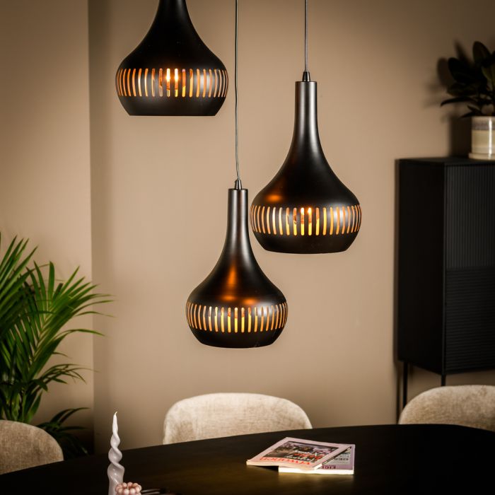 3 lichts hanglamp zwart en goud