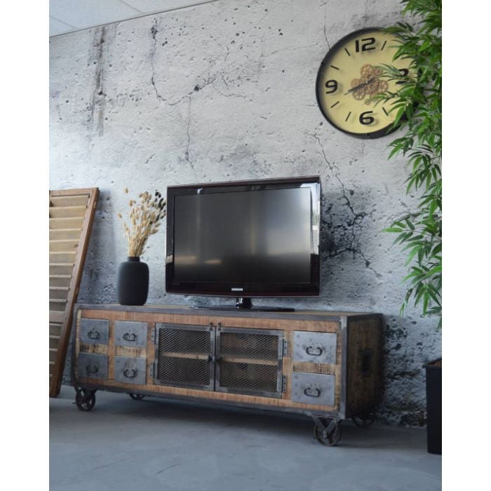 Industrieel tv meubel mangohout op wielen