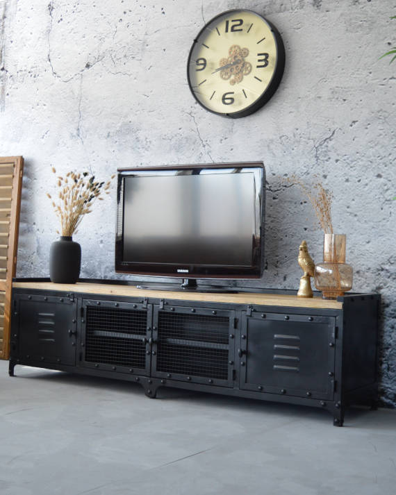 tv meubel zwart metaal en mangohout