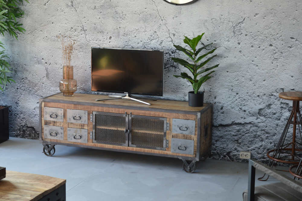 TV meubel mangohout betonlook vloer